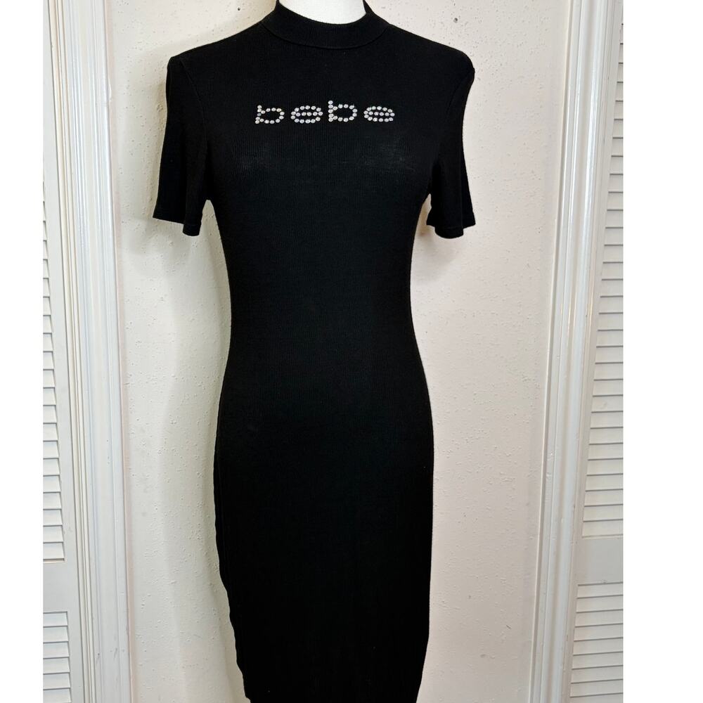 bebe Rhinestone Logo Bodycon Mock Neck Dress SZ S #Throwback #Retro-Glam